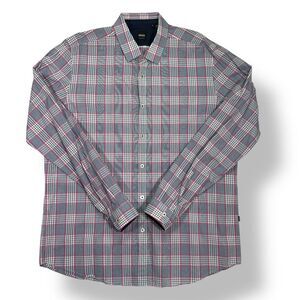 Hugo Boss Men's Gray & Pink Plaid‎ Button-Down  Dress Shirt Long Sleeve Men's XL